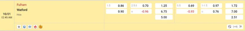 Cập nhật tỷ lệ kèo trước trận đấu Fulham vs Watford