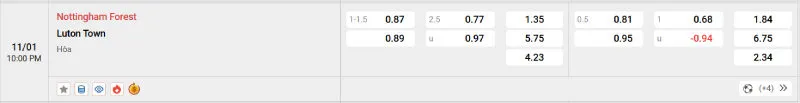 Cập nhật tỷ lệ kèo trước trận đấu Nottingham Forest vs Luton Town